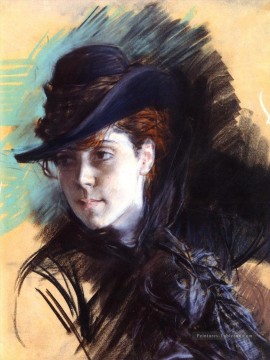  Old Art - Fille dans un chapeau noir genre Giovanni Boldini